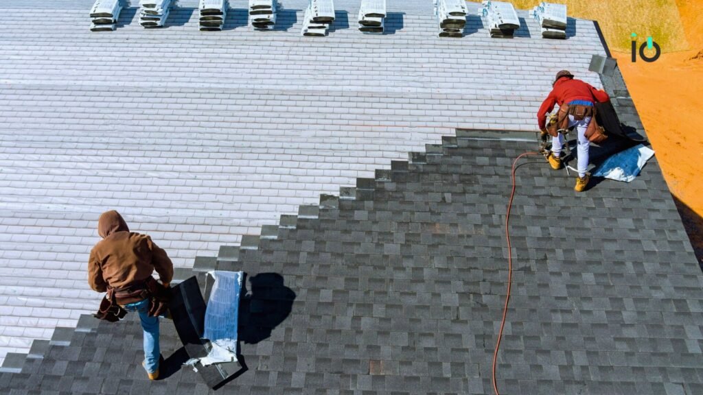 Roofing workers on duty